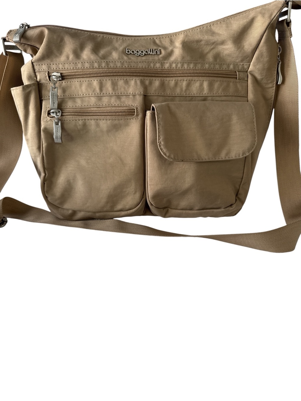 Baggallini Tan Nylon Crossbody Bag Multi Pocket Travel Everyday Purse